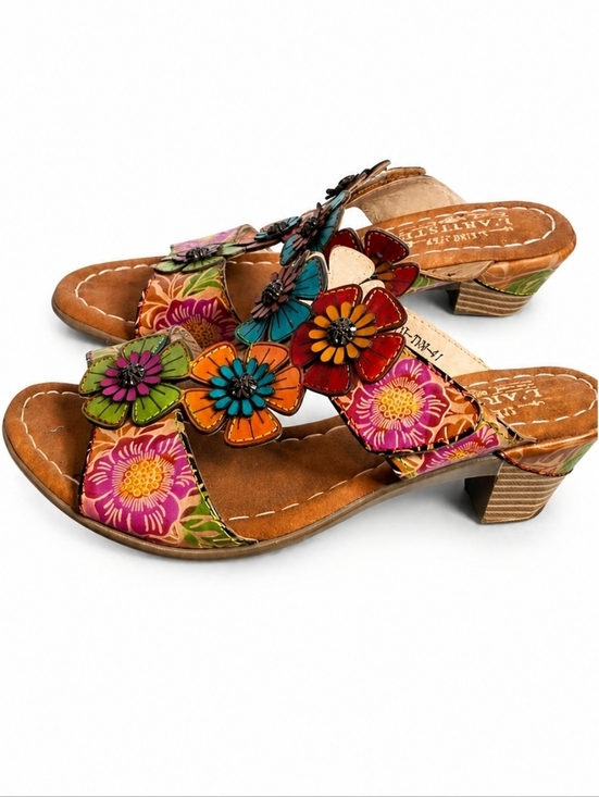 L'artiste Shoes - L’Artiste Floral Leather Slide Sandals 3D Flower Block Heel Mules 41/9.5-10 NEW